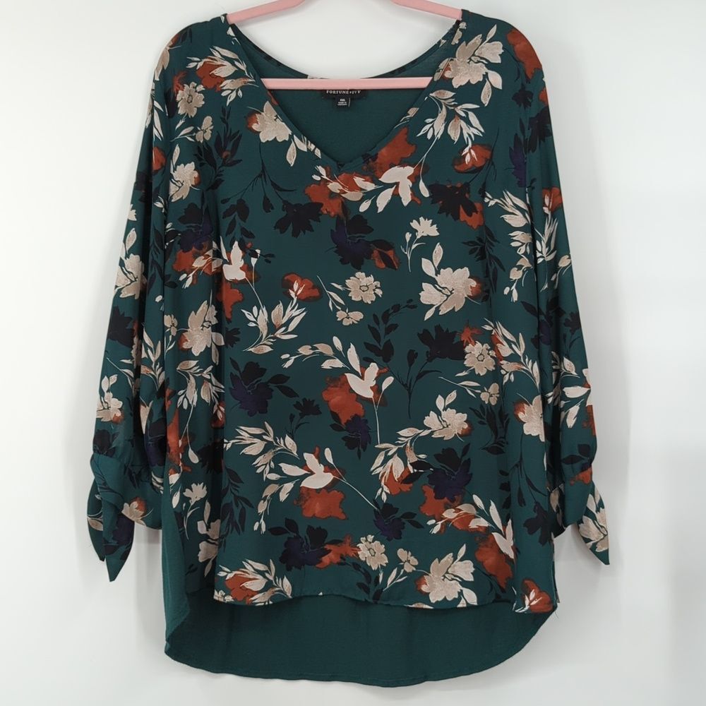Fortune + Ivy Forest Green Floral Long Sleeve Blouse XXL